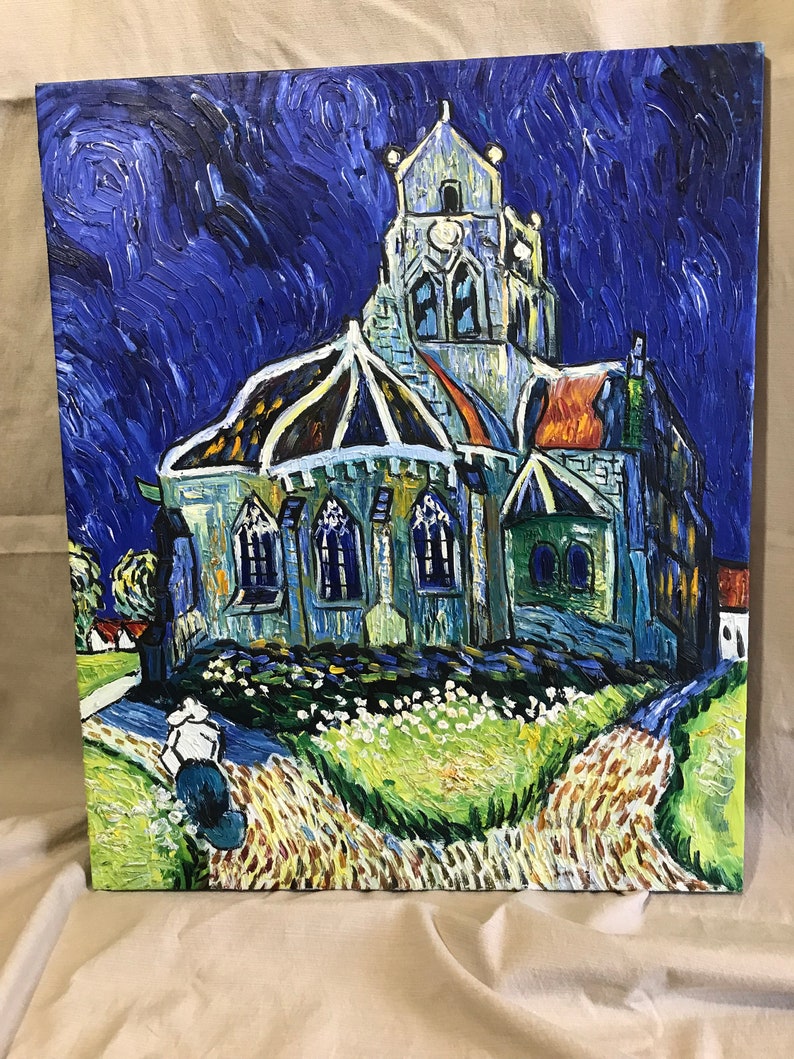 May include: A painting of a church with a tall steeple and a rounded roof. The church is painted in shades of blue, green, and yellow, with a starry night sky in the background.