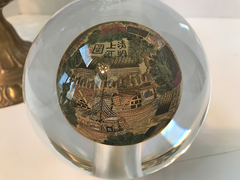 Vintage Chinoiserie Glass Paperweight, Vtg Reverse Painted Asian ...
