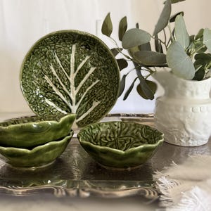 Vintage Portuguese Majolica Cabbage Bowls Green Cabbage Ware Set of 4