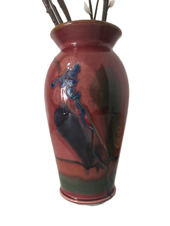 Keramik Tropfglasur hohe Vase, signiert, Marshall Kunstkeramik glasierte rostfarbene bunte Vase, rostrote Keramikvase, Tropfglasur Keramikvase