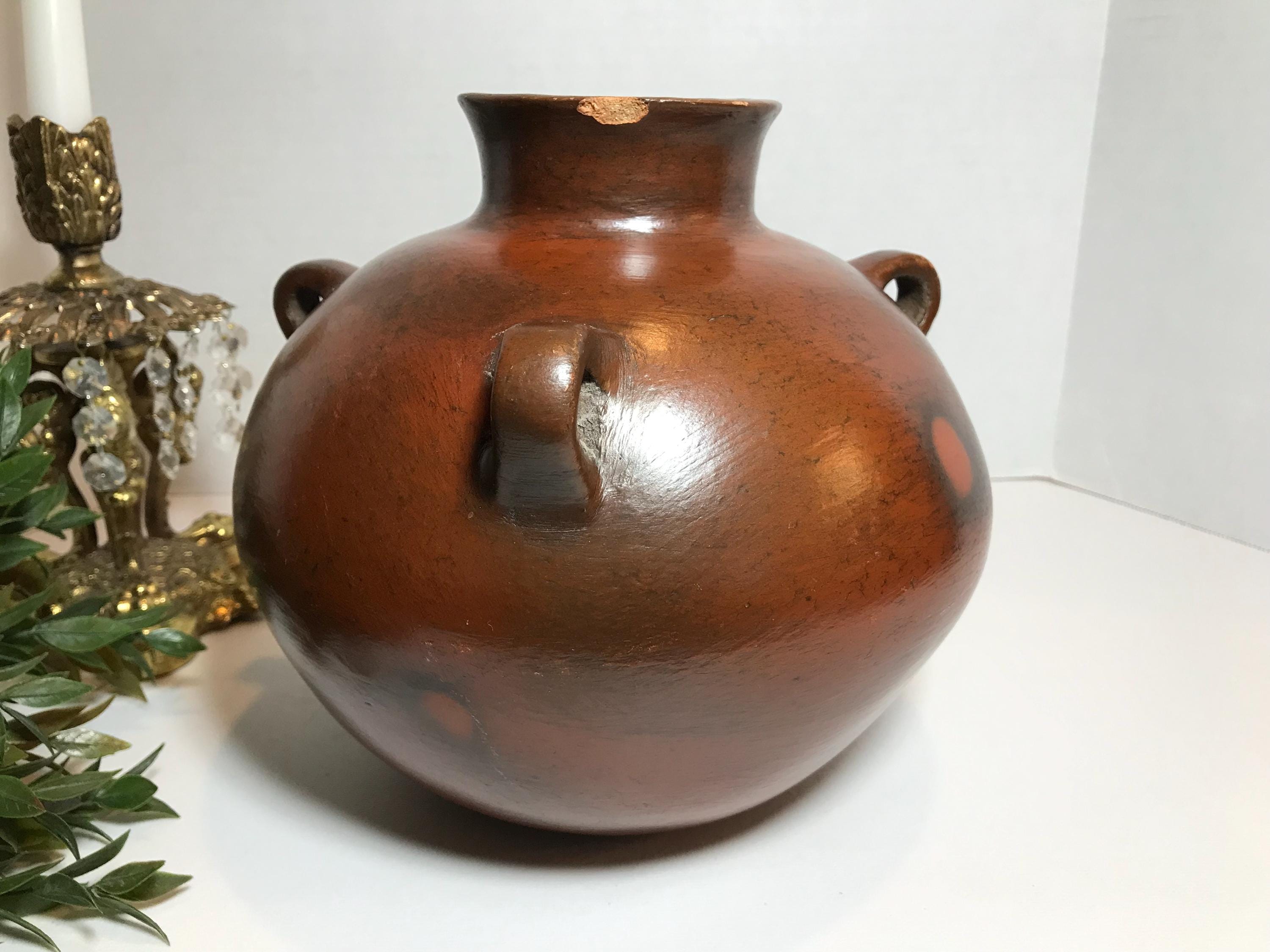 ヴィンテージの陶器製素朴な花瓶、トップリング付き、ヴィンテージの