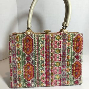 Vintage 1950s colorful design carpet purse, Unique 50s vibrant colors cut velvet handbag purse, Vintage velvet carpet bag handbag purse
