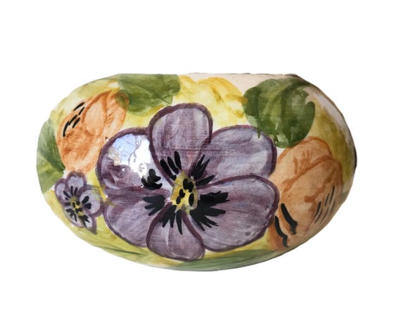 ヴィンテージ手描きサイン入り花柄陶器ロー花瓶、ヴィンテージ手描き 