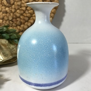 Vintage ceramic blue small vase, signed, Vintage boho blue art pottery with speckled finish, signed by artist, vtg blue ceramic sake bottle