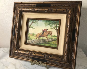 Vintage Equestrian Horse Jumping Painting, Signed Original English Countryside Art, Framed Wall Decor, Equestrian Horse original painting