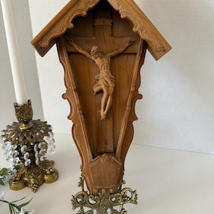Antique German Hand Carved Wooden Crucifix Wall Panel – Bavarian Folk Art Volkskunst & Schnitzerei Stamped, Religious Jesus on the Cross