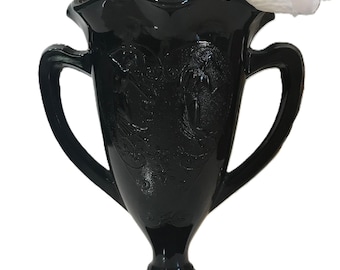 Vintage Art Nouveau style Vase, black glass vintage urn vase, black glass trophy style ruffle top vase, Vtg Art Nouveau style black vase