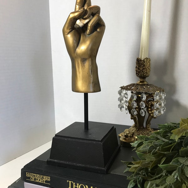 Vintage gold hand sculpture, crossed fingers hand statue on black base, gold detailed large hand statue on black museum display style base