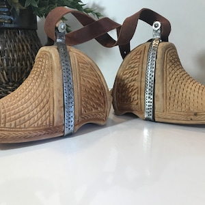 Vintage Wooden Stirrups, Hand Carved Wood Horse Riding Stirrups with Metal Braces & Leather Strap, Rustic Equestrian Decor