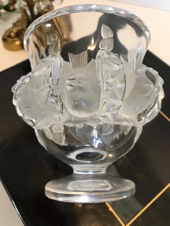 工芸品 VINTAGE LALIQUE Vintage Lalique Dampierre Bird Crystal Vase, Lalique Footed