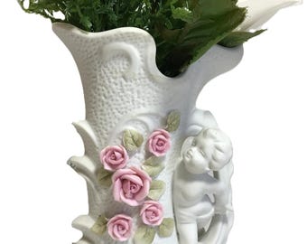 Vintage 1940s cherub porcelain vase, ceramic porcelain bisque cherub and floral relief vase, Victorian style white pink elegant cherub vase