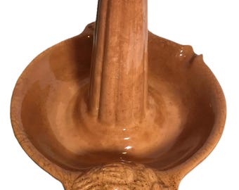 Vintage Stoneware Vertical Chicken Roaster, Glazed Brown Poultry Roaster Pan, Rustic Kitchen Cooking Roaster Dish