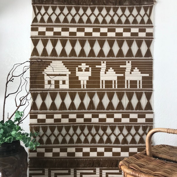 Vintage Native American wall hanging, Boho brown woven wall hanging, brown patterned woven yarn art wall decor, vintage woven wall decor