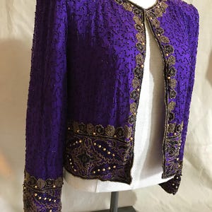 Vintage 80s sequin beaded cropped jacket, vibrant Lawrence Kazar beaded evening jacket, purple embellished jacket, 80s purple beaded jacket