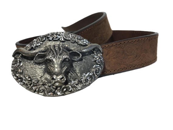 Vintage EGE Tooled Leather Belt With Pewter Bull Buckle  display picture 3