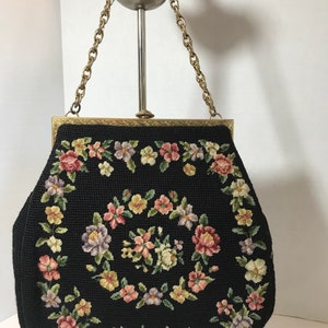 Bolso de mano floral vintage de la década de 1950, bolso Vtg de los años 50 negro con bolso de diseño floral, bolso de cartera de la década de 1950, bolso estilo Jackie O