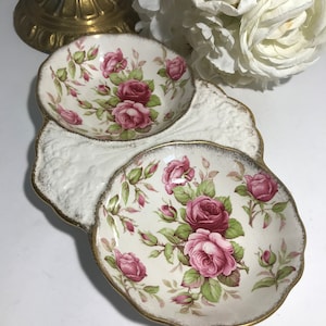 Vintage ceramic pink floral chintz pattern relish condiment dish with double bowls Old Foley James Kent Staffordshire, made in England