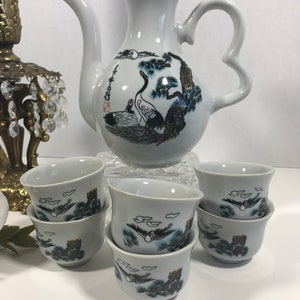 Vintage Japan porcelain Tea Set, Vintage Chinoiserie tea set, Vtg hand painted teapot and cups, White elegant Japanese Tea set