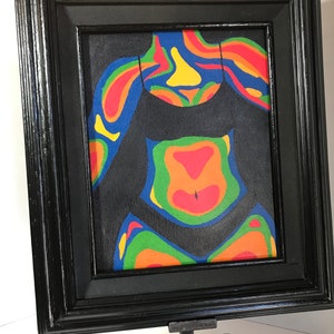 May include: A framed painting of a person's torso in a black swimsuit. The painting is done in a thermal imaging style with colors ranging from blue to red.