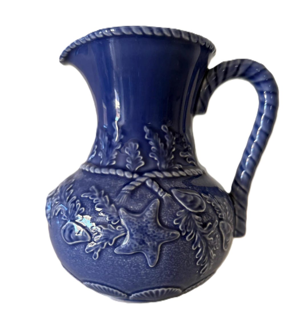 Vintage Bordallo Pinheiro Blue Seashell Pitcher, Embossed Nautical