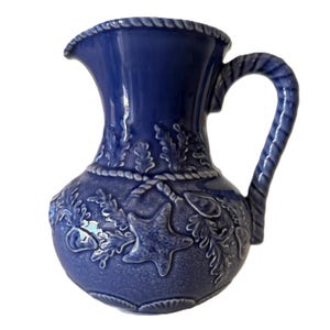 Vintage Bordallo Pinheiro Blue Seashell Pitcher, Embossed Nautical Ceramic Coastal Jug