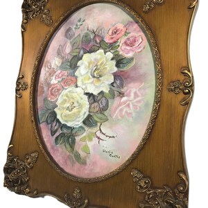 Vintage Gloria Curtis floral still life in ornate carved wood frame 22x26 signed original oil painting on canvas, original floral painting image 4