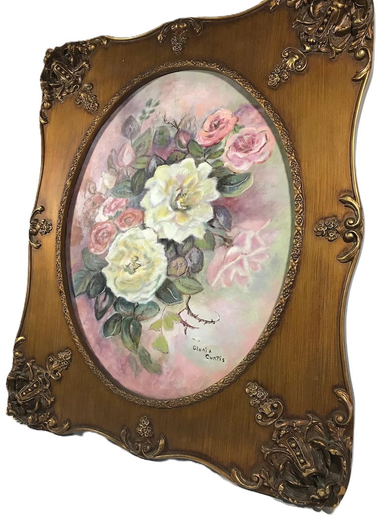Vintage Gloria Curtis floral still life in ornate carved wood frame 22x26 signed original oil painting on canvas, original floral painting image 4