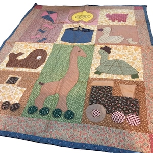 Vintage handmade baby blanket, Vintage patchwork baby quilt, vintage turtle, elephant,  whale hand stitched quilt 31x40, Baby room decor