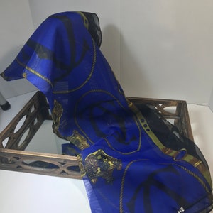 Vintage Cartier scarf, vibrant blue, gold with Cartier logo and horsebit details throughout, Cartier wrap, Cartier accessories, Cartier