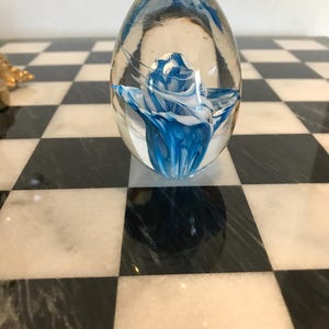Vintage Charles Friedman glass paperweight, unique blue and clear glass artist signed paperweight, 1996 Charles Friedman glass paperweight