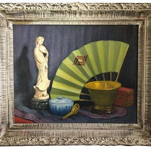 Vintage Still Life Painting with Asian Fan & Quan Yin, Original 21x25" Framed Oil on Canvas, Vintage Chinoiserie style original painting image 1