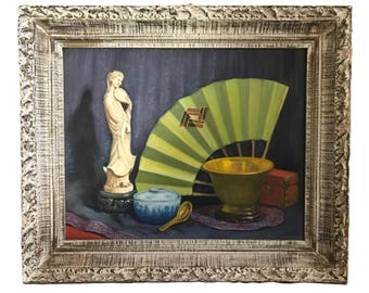 Vintage Still Life Painting with Asian Fan & Quan Yin, Original 21x25" Framed Oil on Canvas, Vintage Chinoiserie style original painting