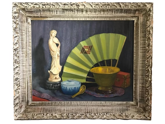 Vintage Still Life Painting with Asian Fan & Quan Yin, Original 21x25" Framed Oil on Canvas, Vintage Chinoiserie style original painting