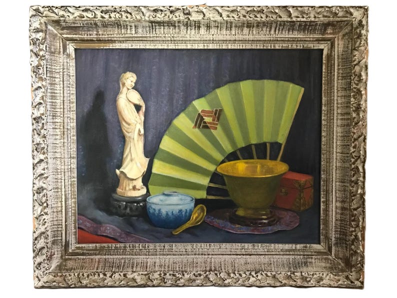 Vintage Still Life Painting with Asian Fan & Quan Yin, Original 21x25" Framed Oil on Canvas, Vintage Chinoiserie style original painting image 1