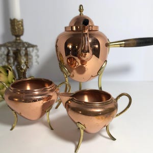 Vintage Mid-Century Copper Teapot Set, Brass Legs, wood handle, Sugar and Creamer, Copper brass vintage tripod teapot set