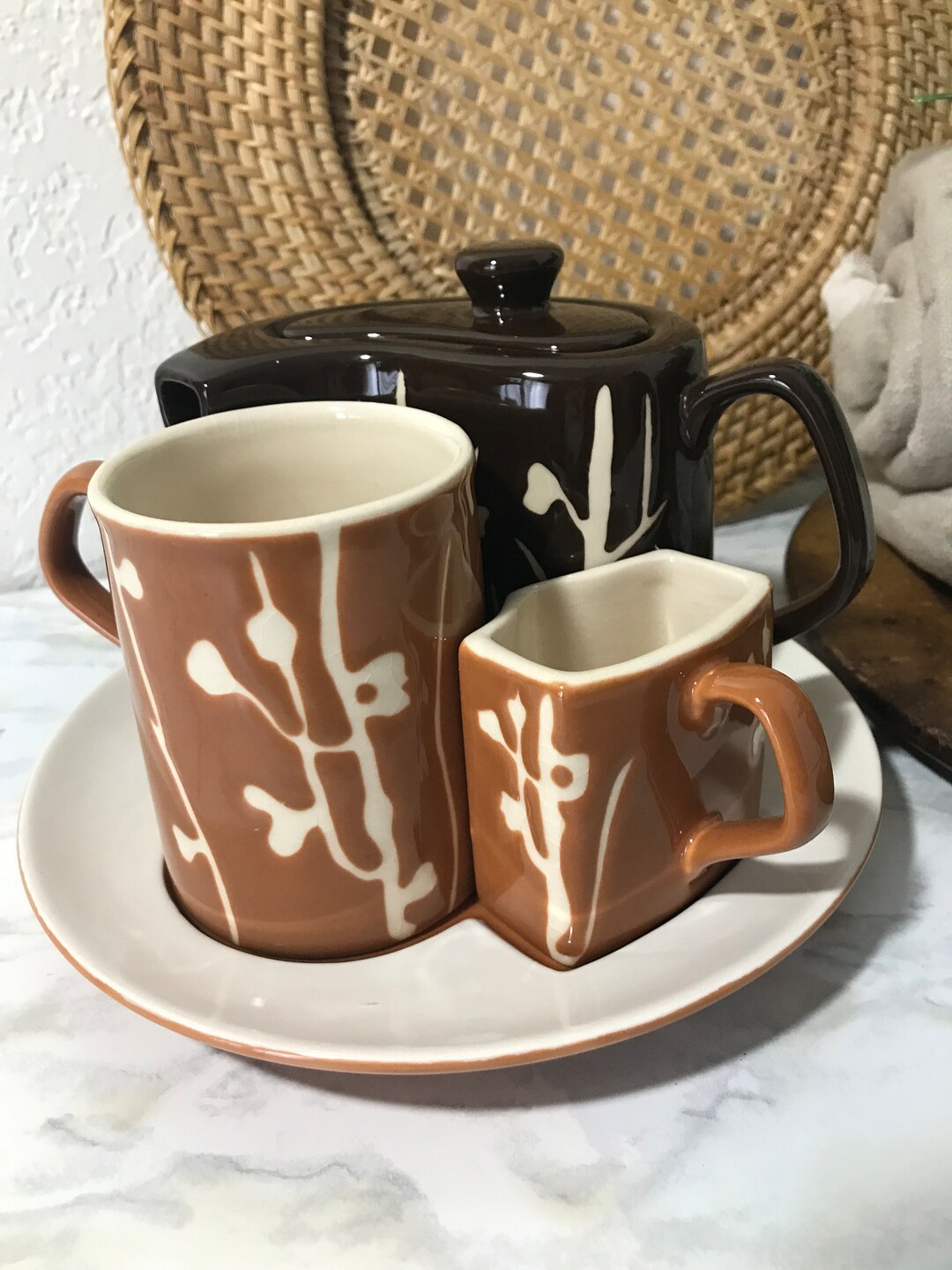 Unique Tea Set, Brown Ceramic Individual Tea Service, Chinoiserie Tea