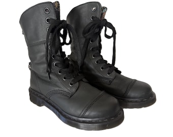 Vintage Dr. Martens Aimilita Black Leather Combat Boots, 9-Eye Floral Lined Docs, Size US 6 UK 4, Discontinued Style