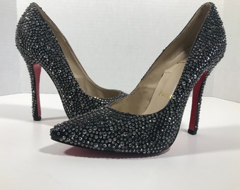 Vintage Christian Louboutin black crystal stiletto shoes, Louboutin crystal covered black pointed toe pumps, Louboutin black crystal heels