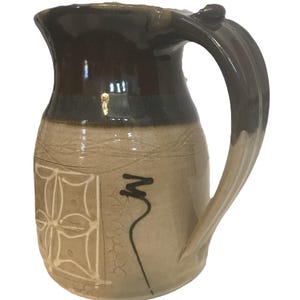 Vintage art pottery stoneware hand painted pitcher, Artist signed