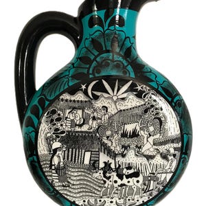 Vintage Mexican Talavera Pottery Pitcher – Hand Painted Red Clay 15" Decorative Folk Art Pottery – Mexico Talavera oversized Ceramic Jug