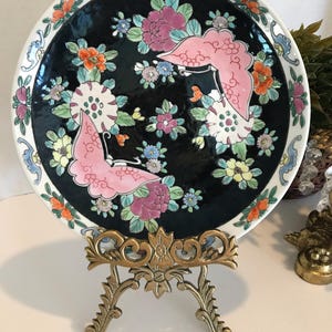 Vintage Japanese porcelain ware hand painted plate, Vtg Famile Rose Japanese porcelainware butterfly floral wall plate, Rose Medallion plate