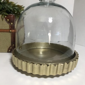 Gold metal and glass decorative cloche, Removable glass cloche with metal gold toned base, elegant glass covered display footed cloche