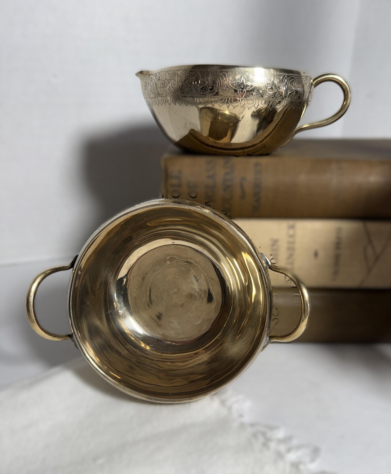 Vintage brass creamer and sugar set for a cowgirl coastal kitchen