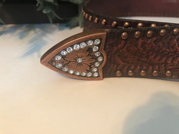 Vintage tooled leather western belt, brown wester… - image 6