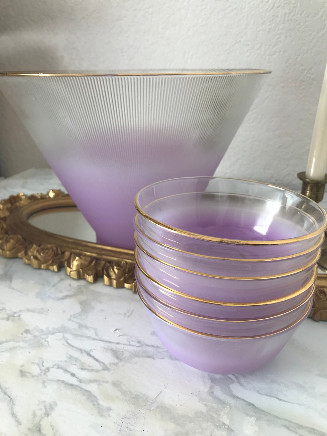 Vintage Mid Century Purple Glass Salad Bowl Set, Blendo Purple Glass