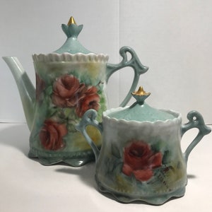 Vintage English Country Shabby Chic artist signed sage green floral ceramic teapot and sugar bowl, hand painted floral and gold teapot