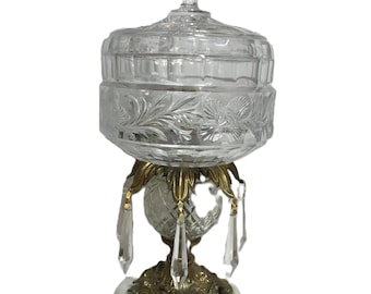 Vintage crystal glass pedestal dish, Vintage crystal and pressed glass lidded jar on brass and marble base brass, Vintage ornate glass dish