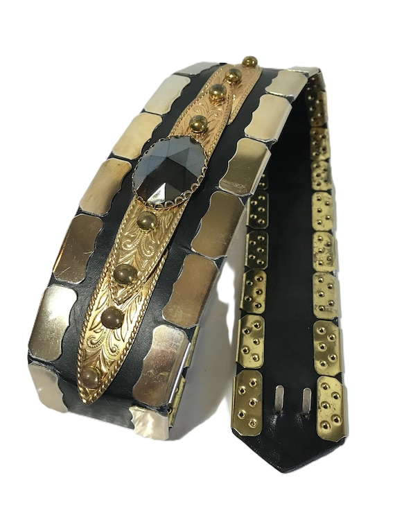 Vintage Black Leather Belt With Brass and Silver Accents  display picture 1