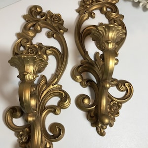 Vintage Hollywood Regency Siroco Holz Gold Wand Kerzenleuchter, Vtg verzierten geformten Kunststoff Gold Wandkerzenleuchter, Einzigartige Wand Kerzenleuchter