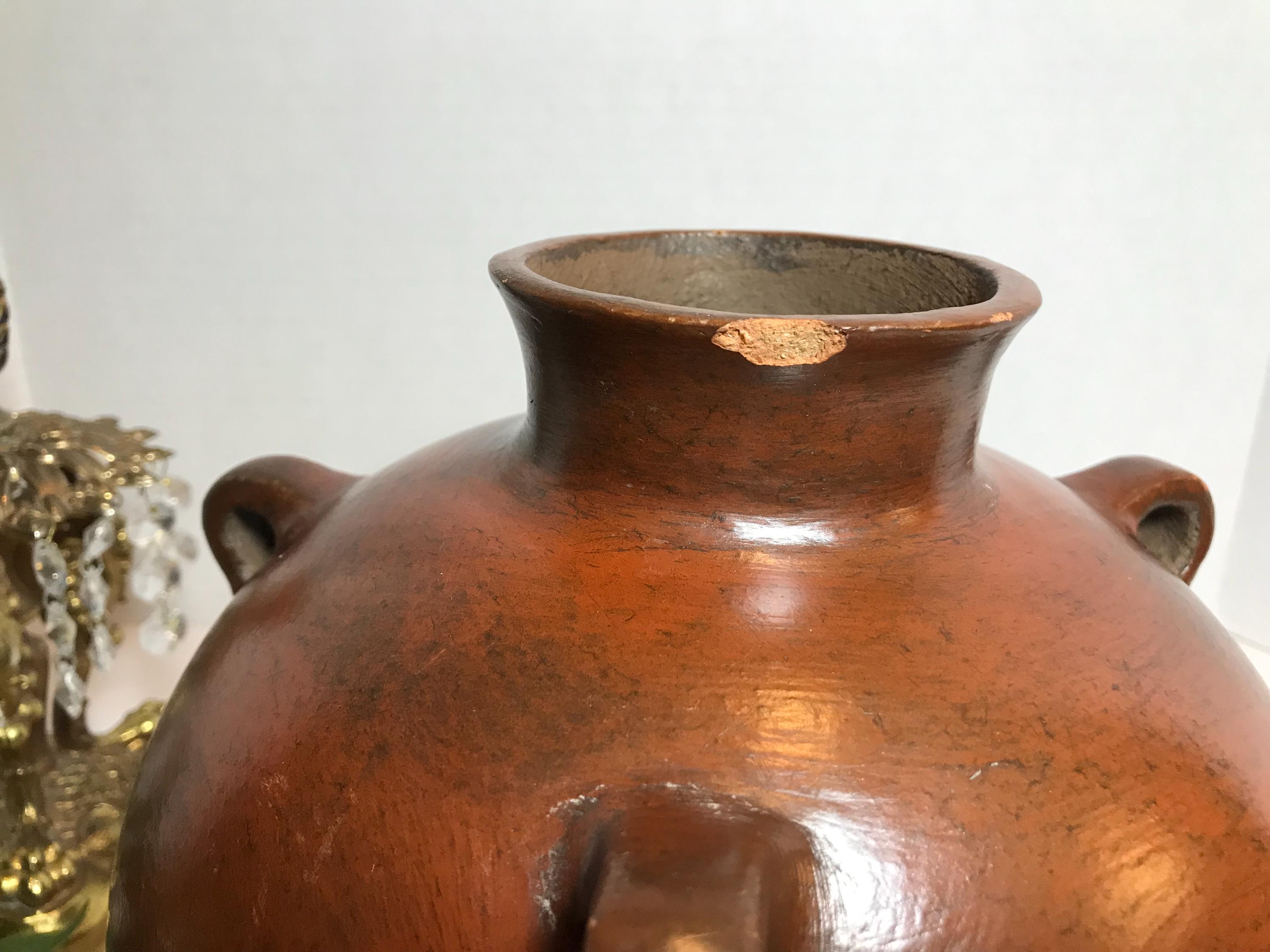 ヴィンテージの陶器製素朴な花瓶、トップリング付き、ヴィンテージの